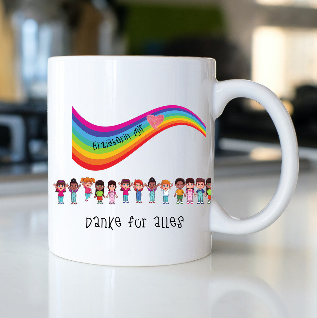 Tasse für Erzieher Danke Regenbogen Erzieherin mit Herz - GlamourDesign