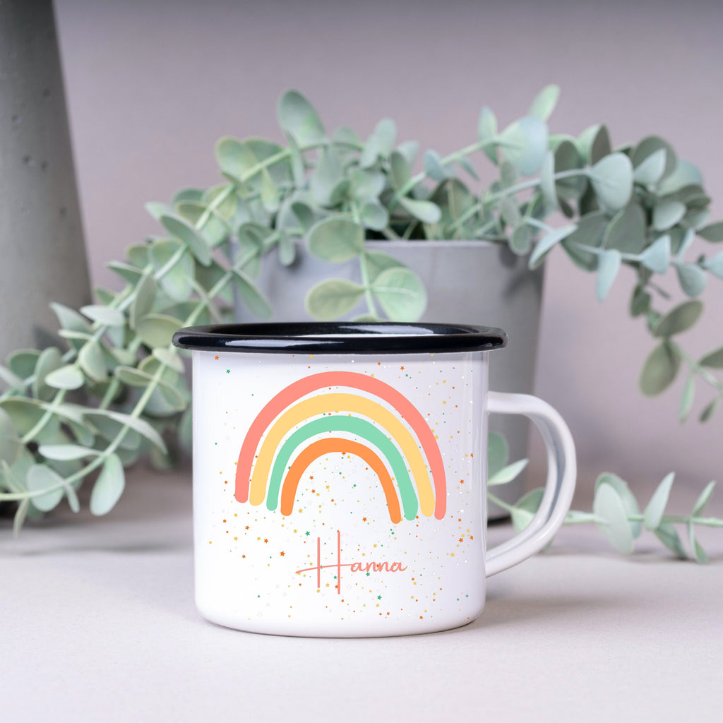 Emaille Tasse| Becher| mit Regenbogen Motiv| personalisierbar mit Namen