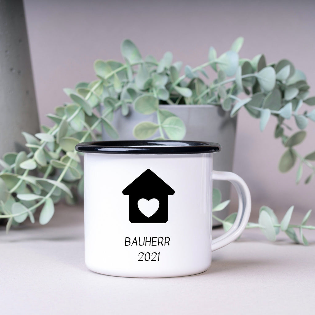 Emaille Tasse| Becher| Bauherr| Geschenk Einzug| Eigenheim