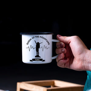 Emaille Tasse| Becher| Geschenk für Bergsteigerinnen| Queen of the Mountains| personalisiert mit Wunschnamen