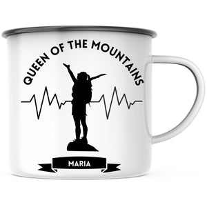 Emaille Tasse| Becher| Geschenk für Bergsteigerinnen| Queen of the Mountains| personalisiert mit Wunschnamen