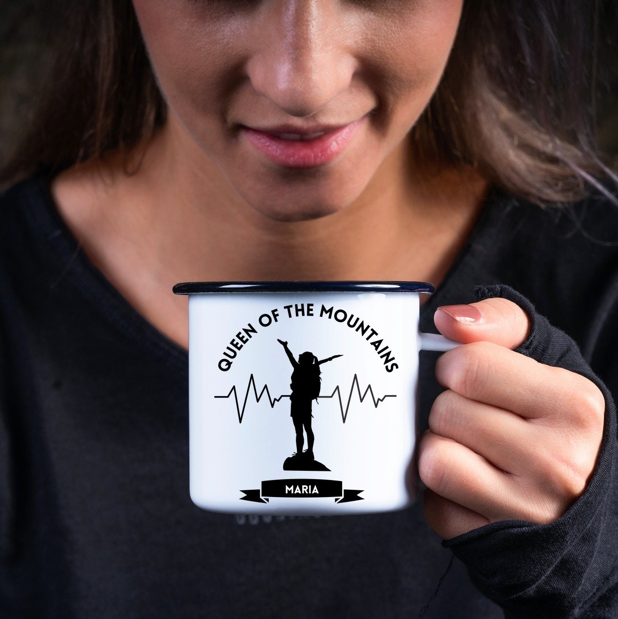 Emaille Tasse| Becher| Geschenk für Bergsteigerinnen| Queen of the Mountains| personalisiert mit Wunschnamen