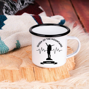 Emaille Tasse| Becher| Geschenk für Bergsteigerinnen| Queen of the Mountains| personalisiert mit Wunschnamen