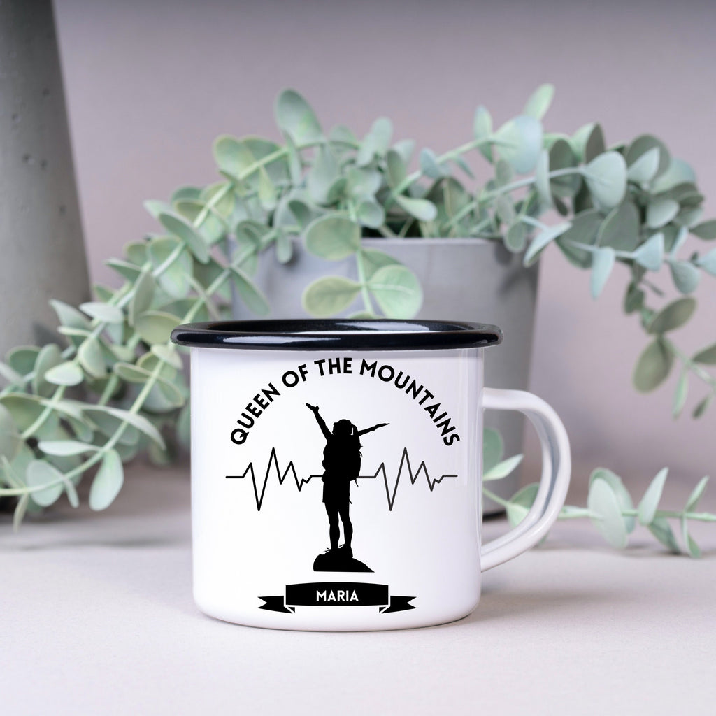 Emaille Tasse| Becher| Geschenk für Bergsteigerinnen| Queen of the Mountains| personalisiert mit Wunschnamen