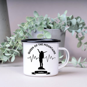 Emaille Tasse| Becher| Geschenk für Bergsteigerinnen| Queen of the Mountains| personalisiert mit Wunschnamen