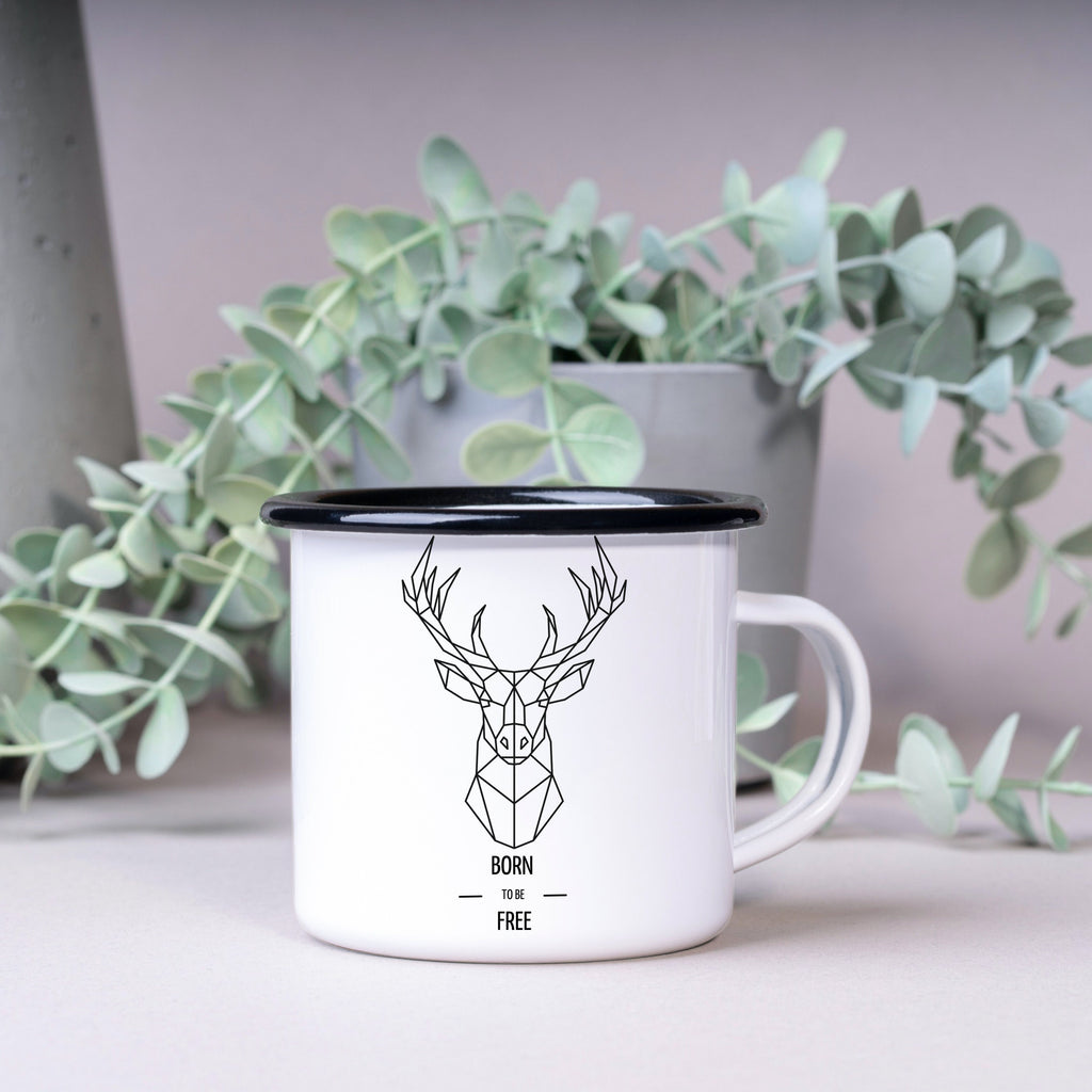 Emaille Tasse| Becher| mit Hirsch-Motiv| born to be free - GlamourDesign