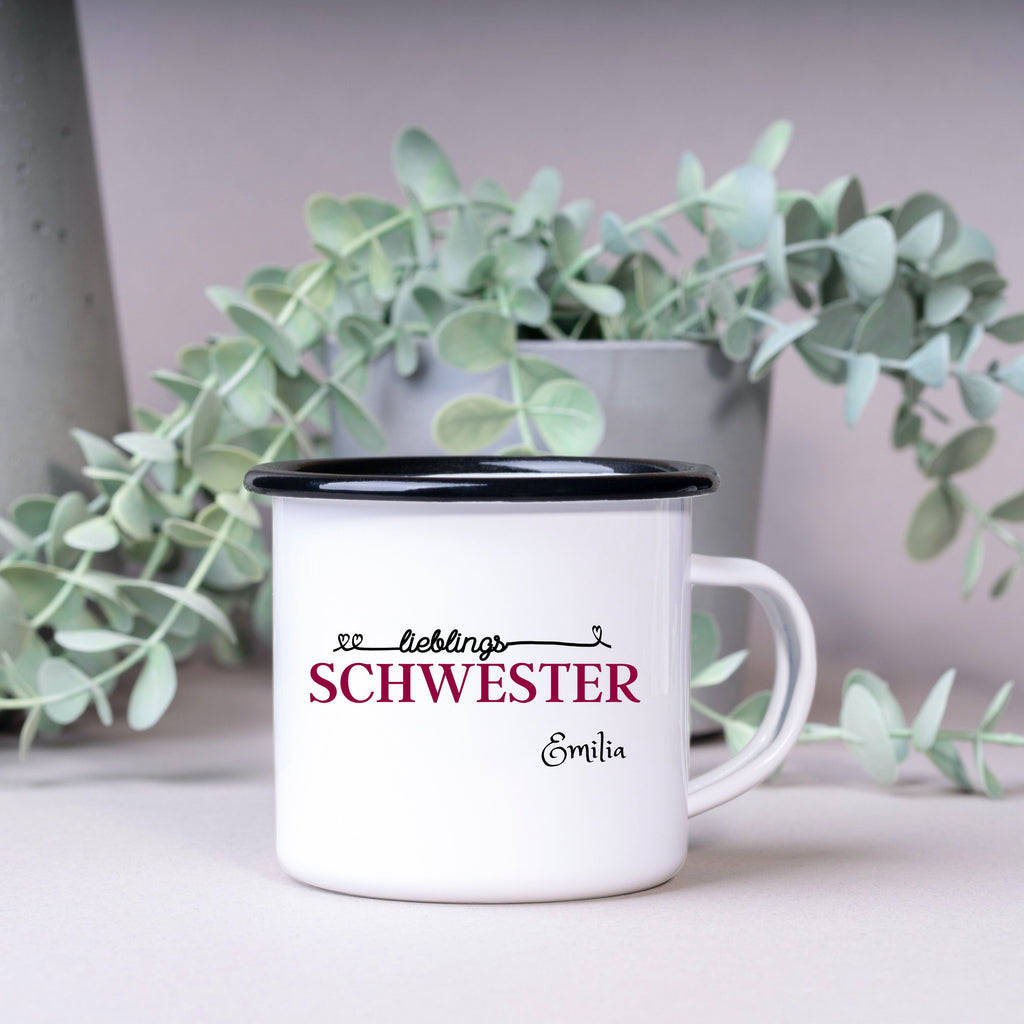 Emaille Tasse| Becher| Geschenk Schwester| mit Wunschnamen| Lieblingsschwester