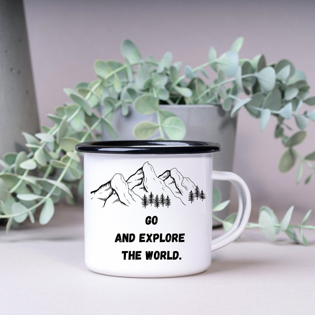 Emaille Tasse| Becher| Camping| Reisen| Go explore the world| personalisierbar mit Wunschtext