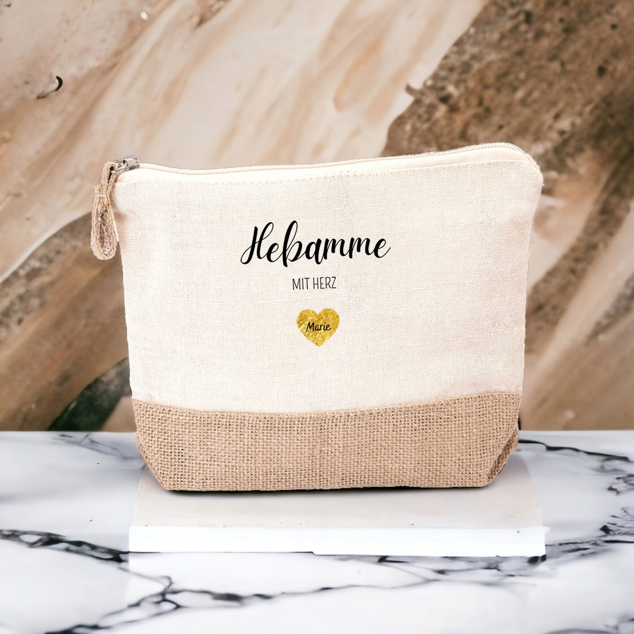 Personalisierte Kosmetiktasche aus Jute | Hebamme mit Herz | personalisiert mit Namen | Geschenk | Dankeschön | in 4 Farben