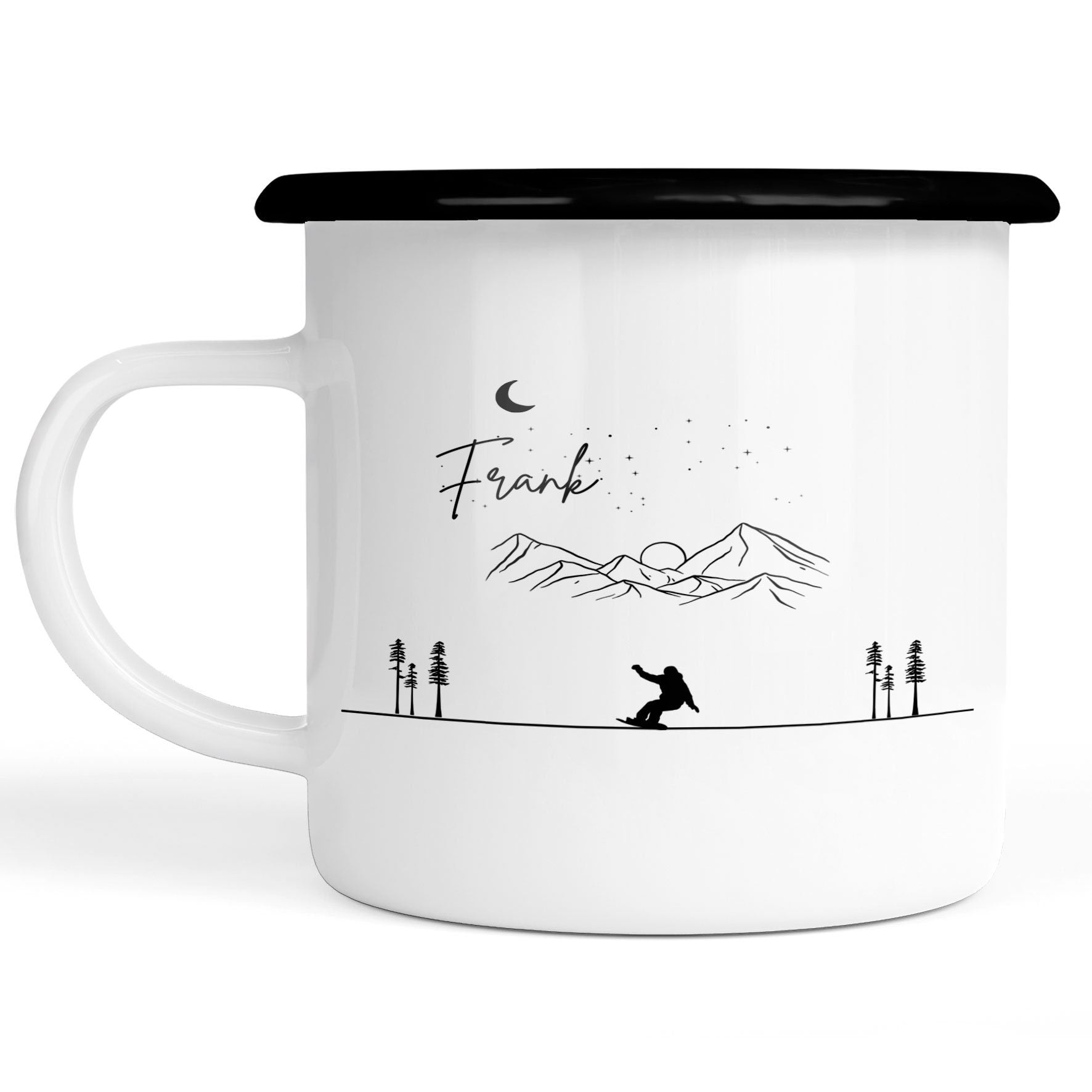 Emaille Tasse| Becher| Berge mit Snowboarder | personalisierbar mit Namen