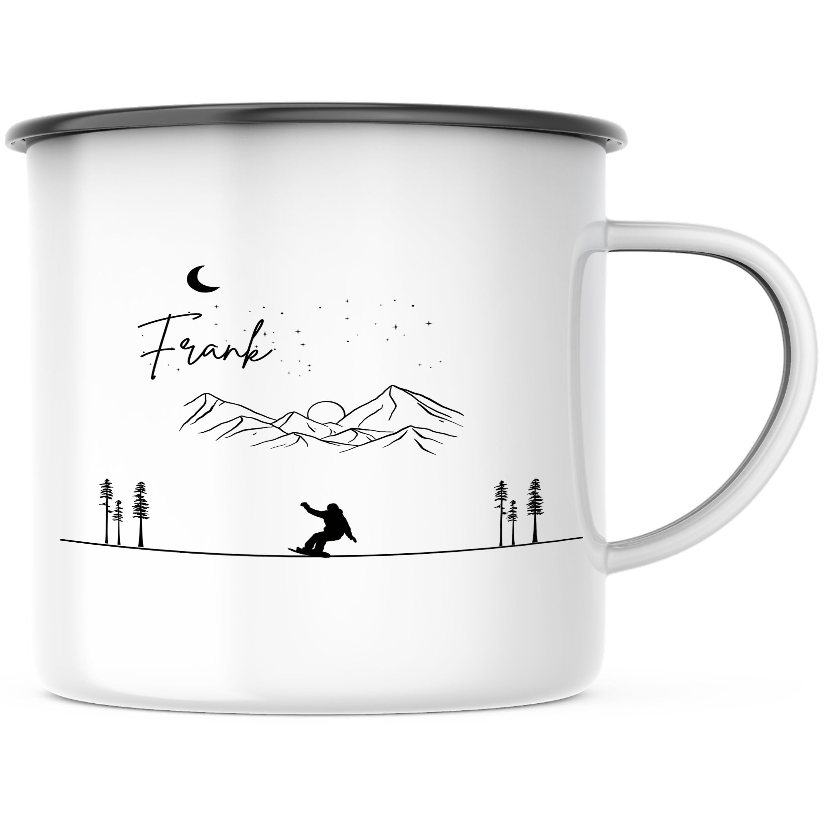 Emaille Tasse| Becher| Berge mit Snowboarder | personalisierbar mit Namen