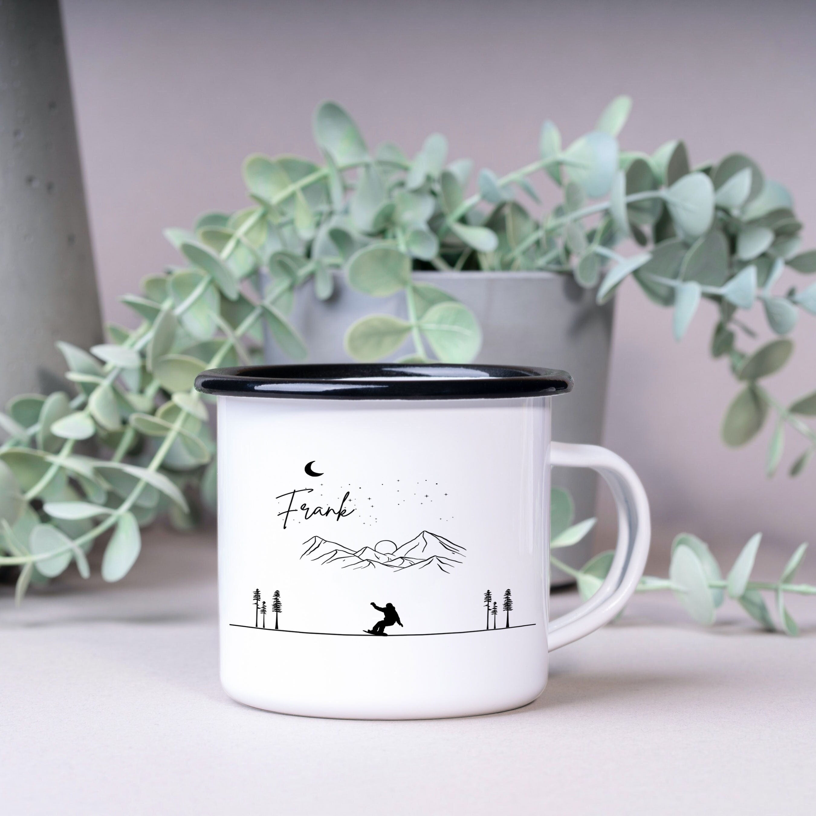 Emaille Tasse| Becher| Berge mit Snowboarder | personalisierbar mit Namen