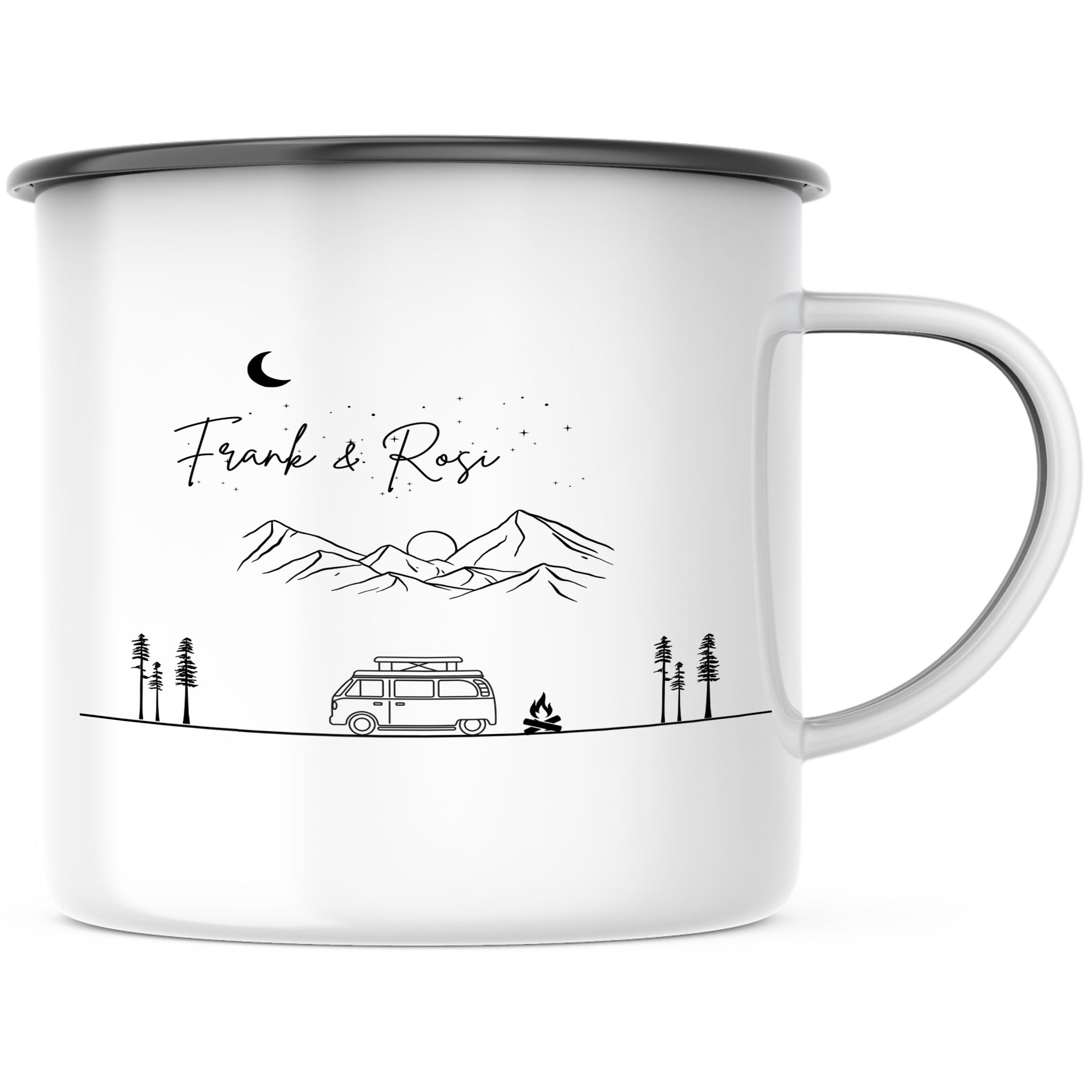 Emaille Tasse| Becher| Berge mit Camper | personalisierbar mit Namen