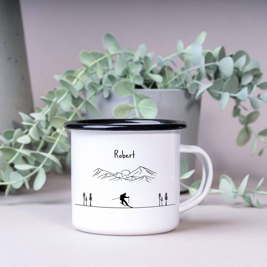 Emaille Tasse| Becher| Berge mit Skifahrer | personalisierbar mit Namen