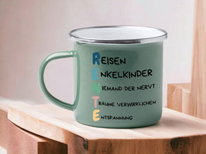 Emaille Tasse in Mint| Tasse mit lustigem Motiv für Rentner|