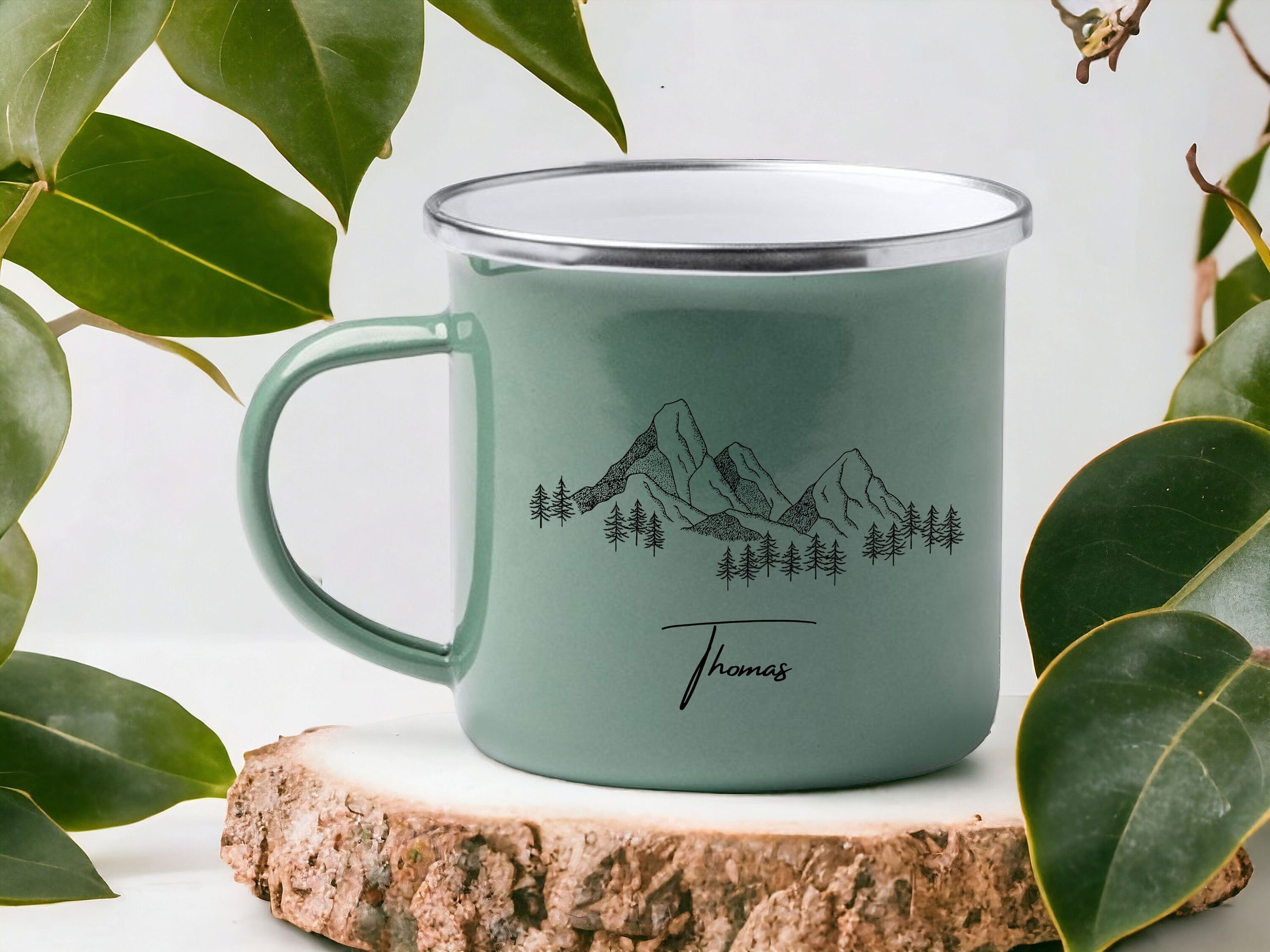 Emaille Tasse in Mint| Becher für Camper|Wandern|personalisiert mit deinem Wunschnamen| beidseitig bedruckt