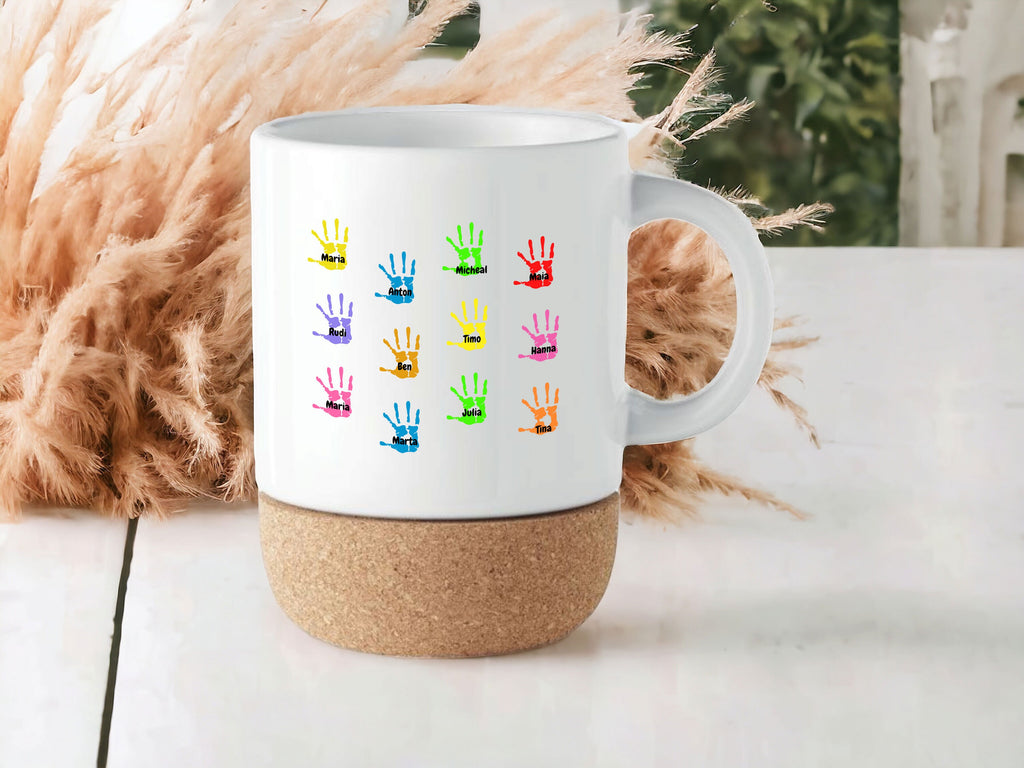 Tasse aus Keramik für Erzieher| personalisierbar mit Wunschnamen| Abschiedsgeschenk für Erzieher| Kork | mit bis zu 25 Namen