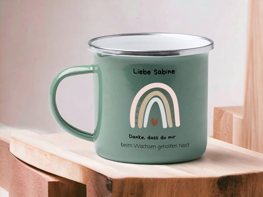 Emaille Tasse in Mint Tasse für Erzieherin Abschiedsgeschenk mit Wunschnamen