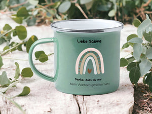 Emaille Tasse in Mint Tasse für Erzieherin Abschiedsgeschenk mit Wunschnamen