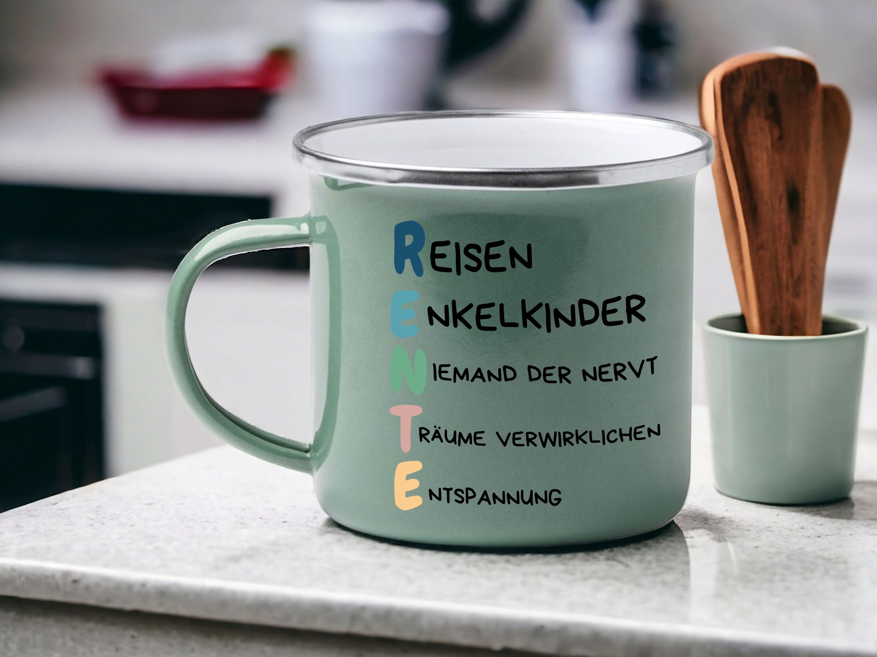 Emaille Tasse in Mint| Tasse mit lustigem Motiv für Rentner|