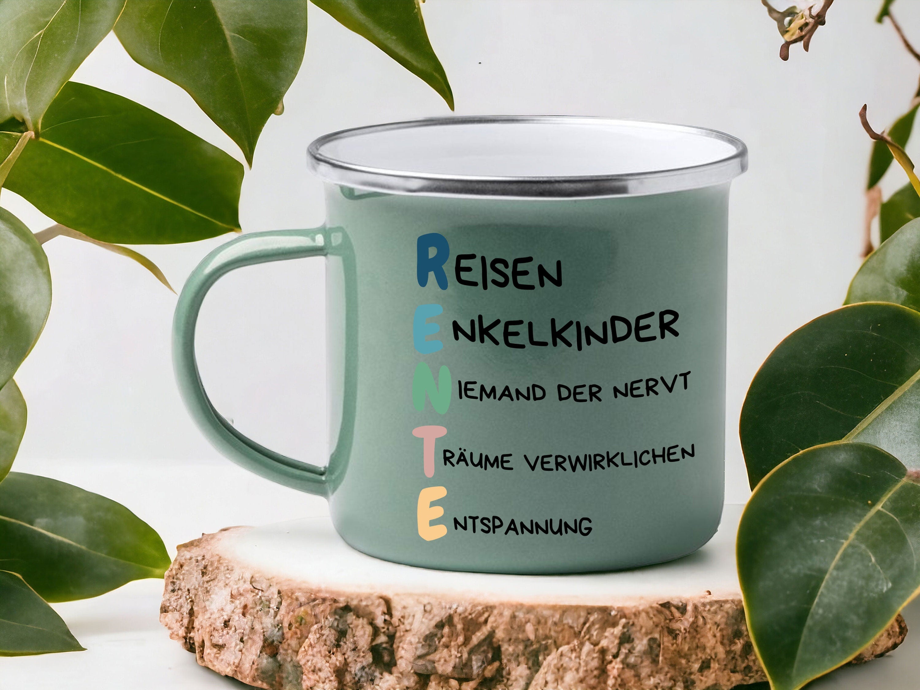 Emaille Tasse in Mint| Tasse mit lustigem Motiv für Rentner|