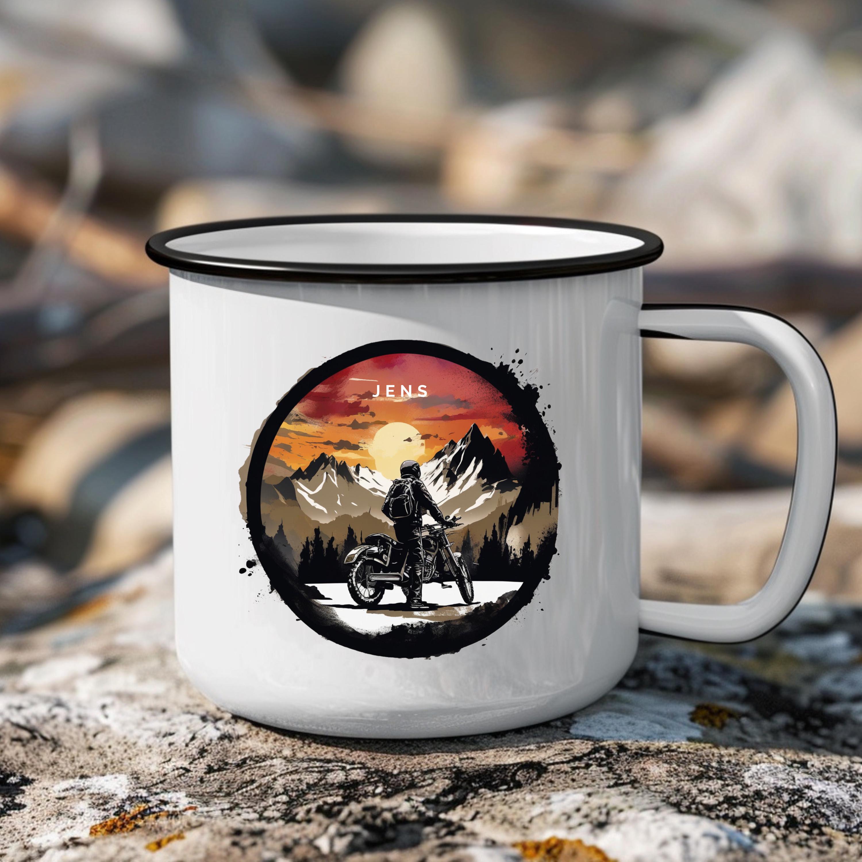 Emaille Tasse motorrad geschenk personalisierbar mit Namen Geburtstagsgeschenk mit Wunschname Weihnachten Becher motorrad biker geschenkidee