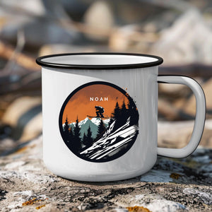 Emaille Tasse ski geschenk personalisierbar mit Namen Geburtstagsgeschenk mit Wunschname Weihnachten Becher personalisiert Skifahrer Tasse