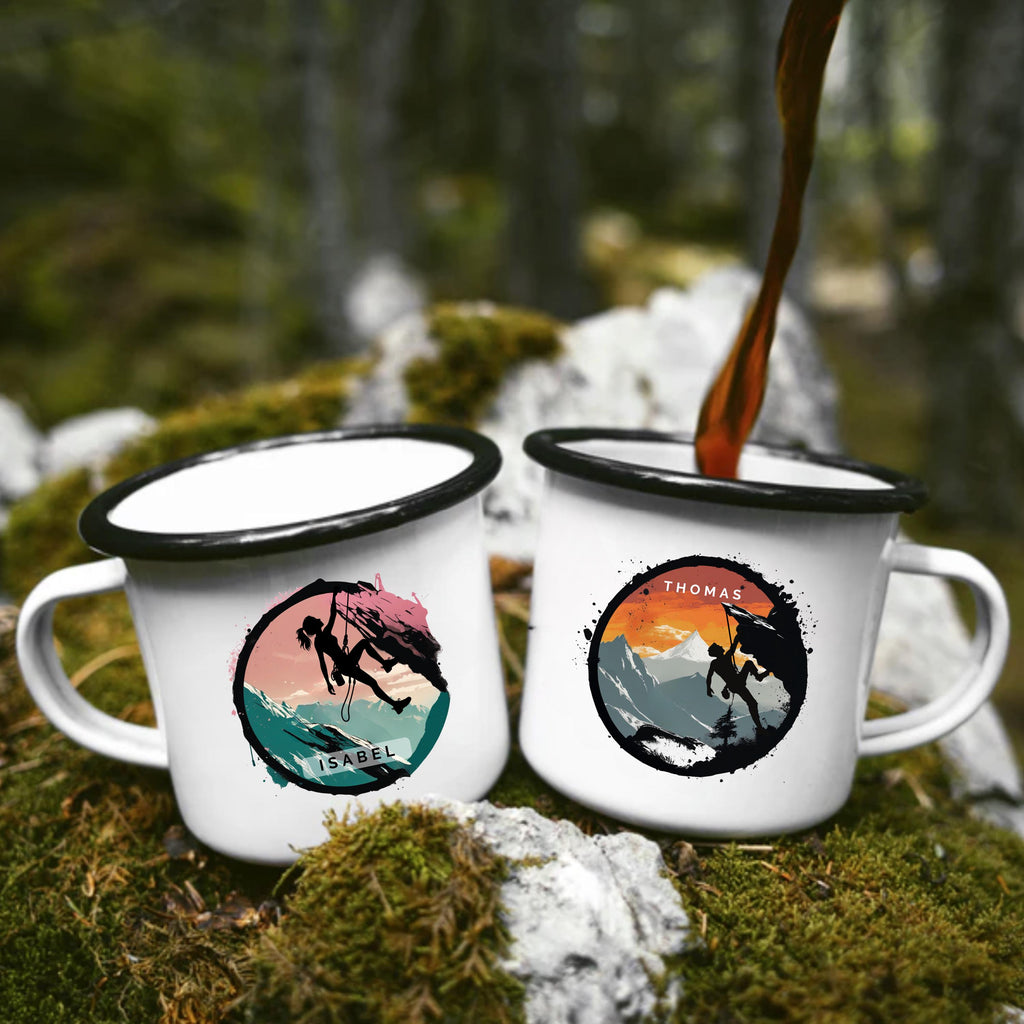 Emaille Tasse für Bergsteiger mit Wunschnamen Kletterin Geschenk Kletterer Becher Geburstagsgeschenk