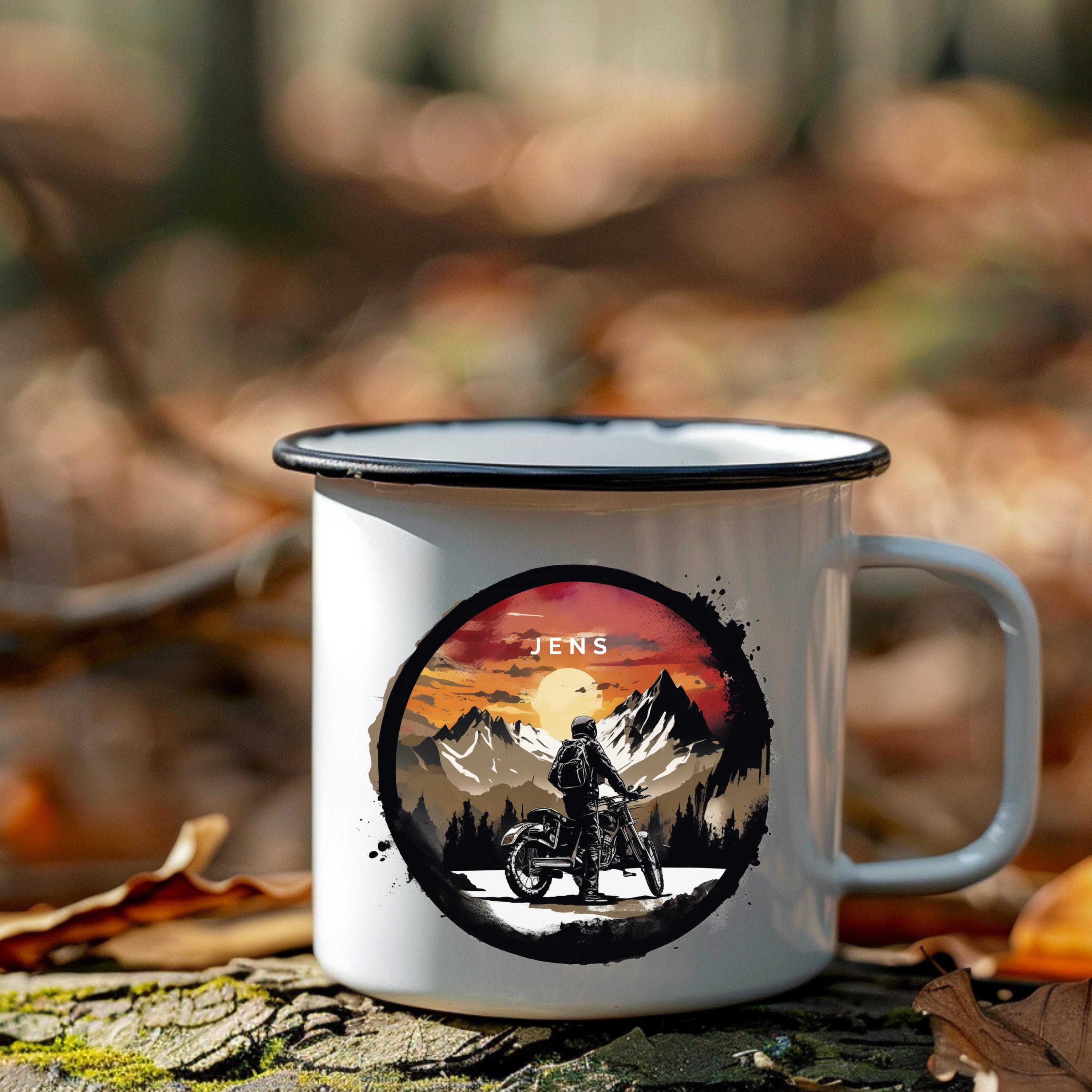 Emaille Tasse motorrad geschenk personalisierbar mit Namen Geburtstagsgeschenk mit Wunschname Weihnachten Becher motorrad biker geschenkidee