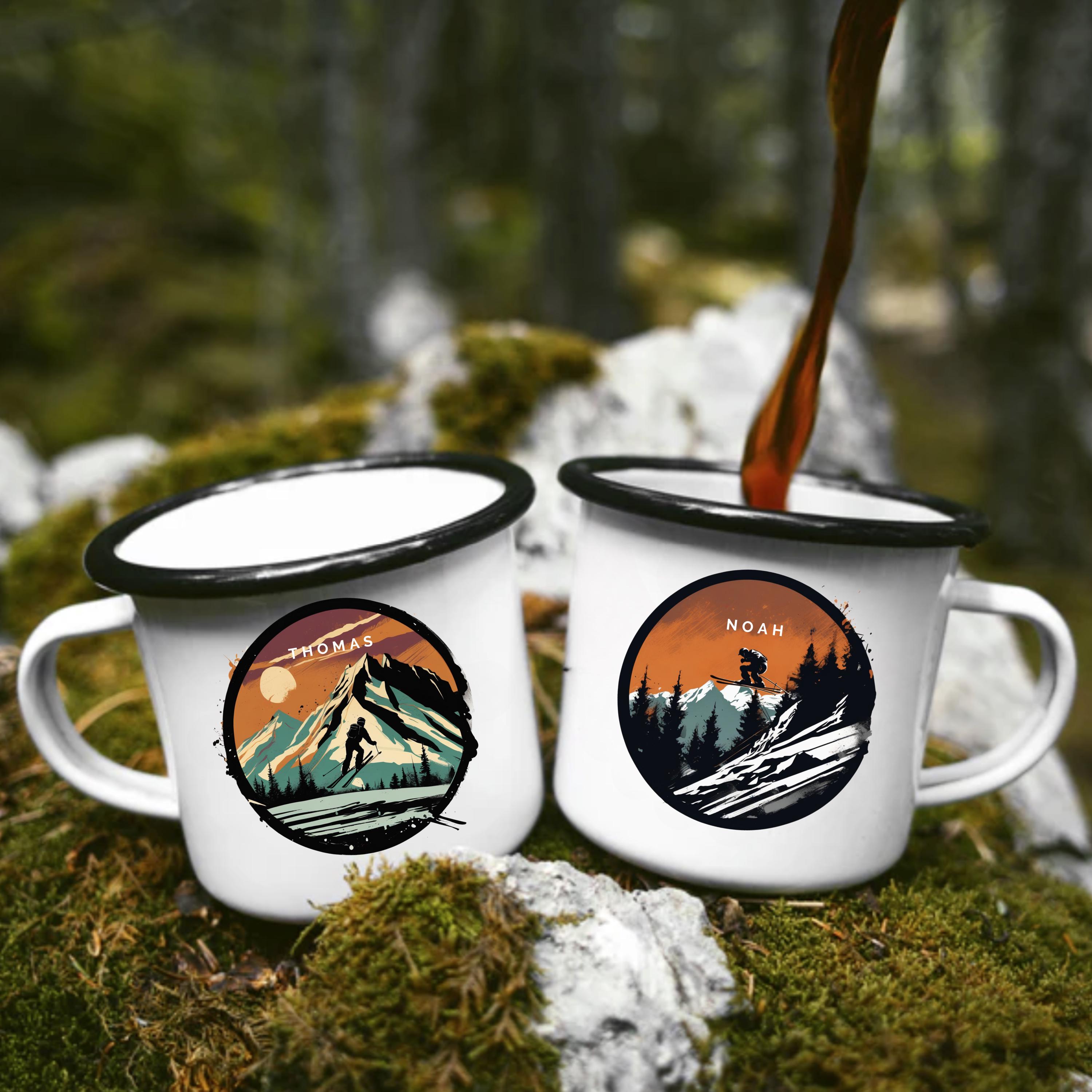 Emaille Tasse ski geschenk personalisierbar mit Namen Geburtstagsgeschenk mit Wunschname Weihnachten Becher personalisiert Skifahrer Tasse