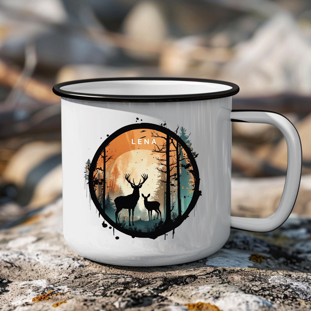 Personalisierbar Emaille Tasse mit mit Namen Hirsch-Design Geschenk für Natur und Tierliebhaber Geschenkidee für Weihnachten und Geburtstag