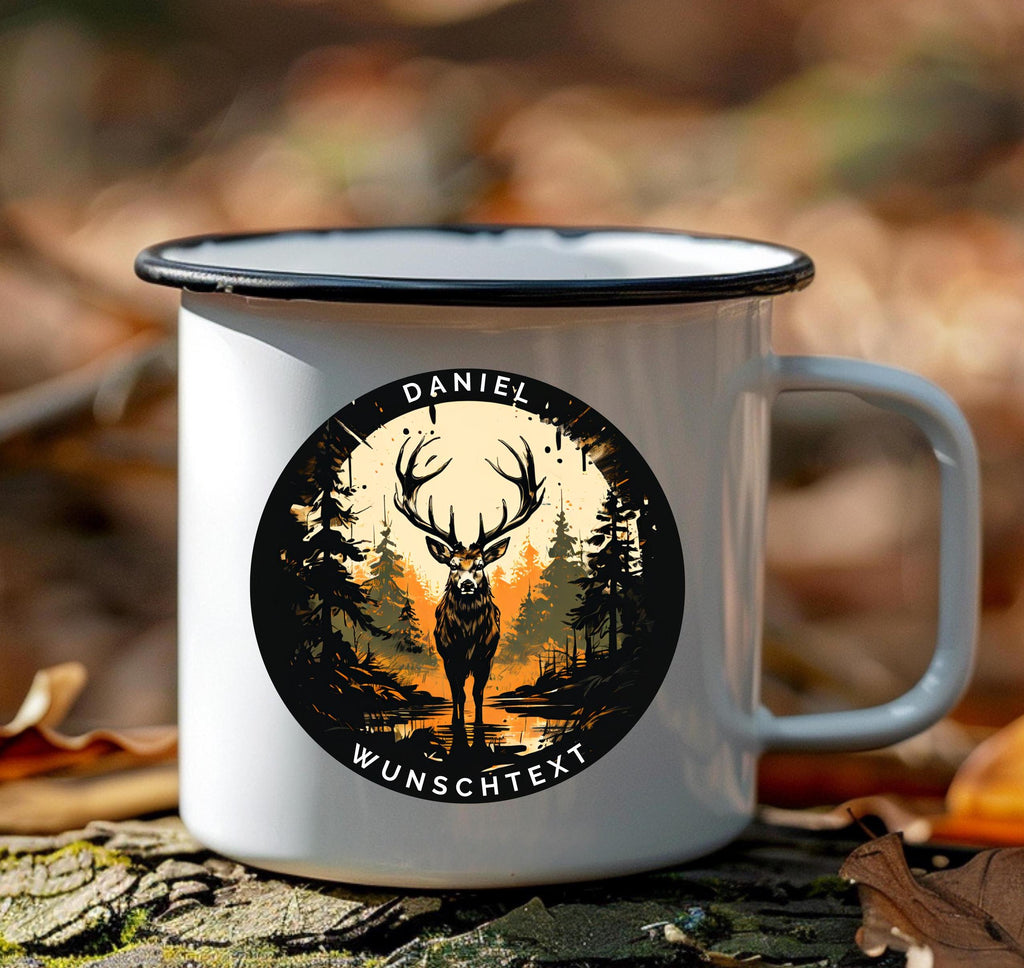 Personalisierbar emaille Tasse mit Namen und Wunschtext | Hirsch-Motiv Geschenk für Naturfreunde | Geburtstag Geschenk für Jäger