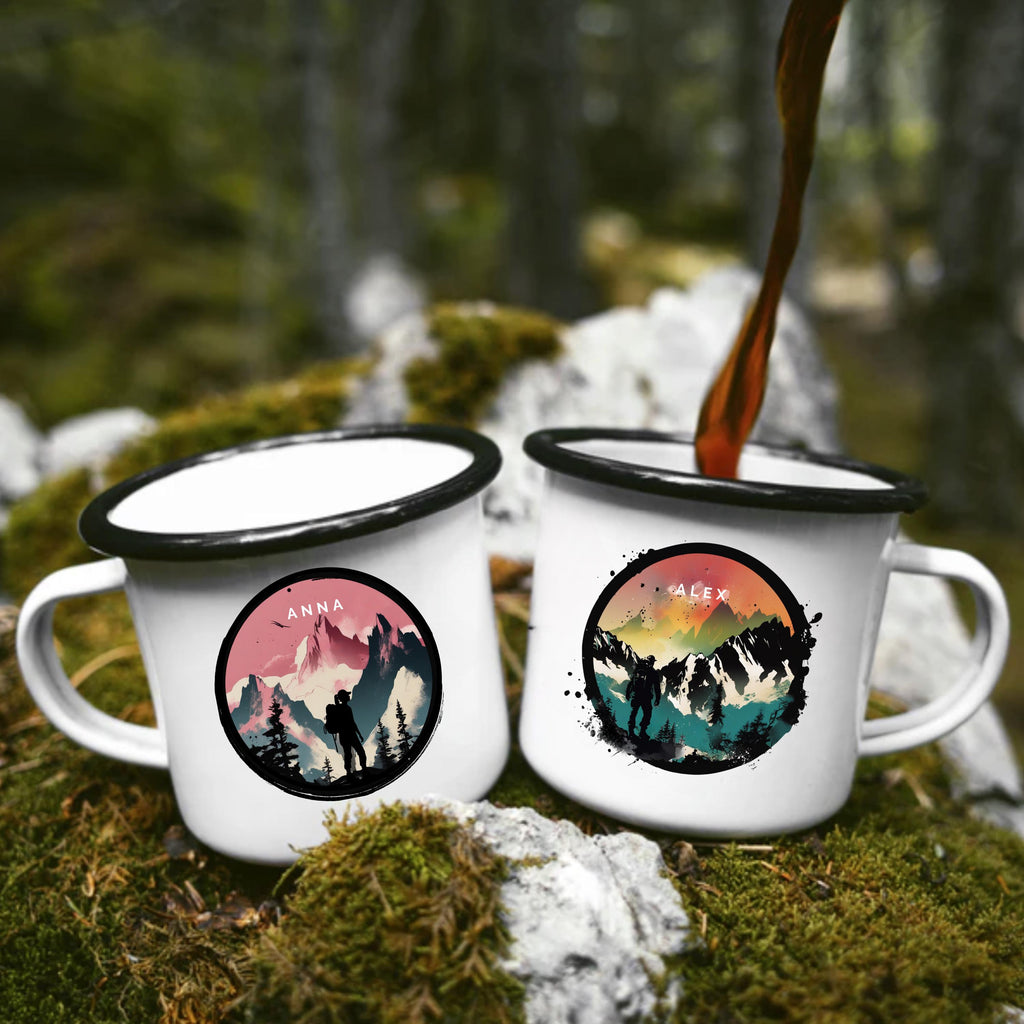 Personalisierte Emaille Tasse für Bergliebhaber mit Namen Geburtstagsgeschenk mit Wunschname wandern Geschenk für Naturfreunde