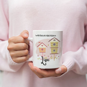 Personalisierte Tasse für die weltbeste Nachbarin, mit süßem Häuschen Motiv | Kaffeetasse Namenstasse | Geschenkidee | Individuell bedruckt