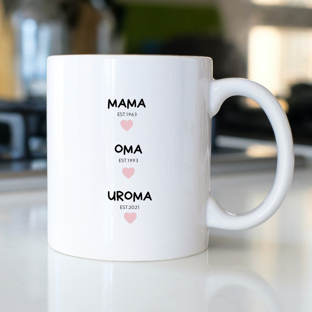 Tasse für werdende Uromas_Schwangerschaftsverkündung an die Oma_ Werdegang Mama-Oma-Uroma_personalisierbar mit den Jahreszahlen - GlamourDesign