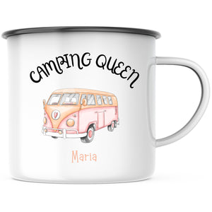 Emaille Tasse| Becher| Camping Queen| VW Bus Rosa