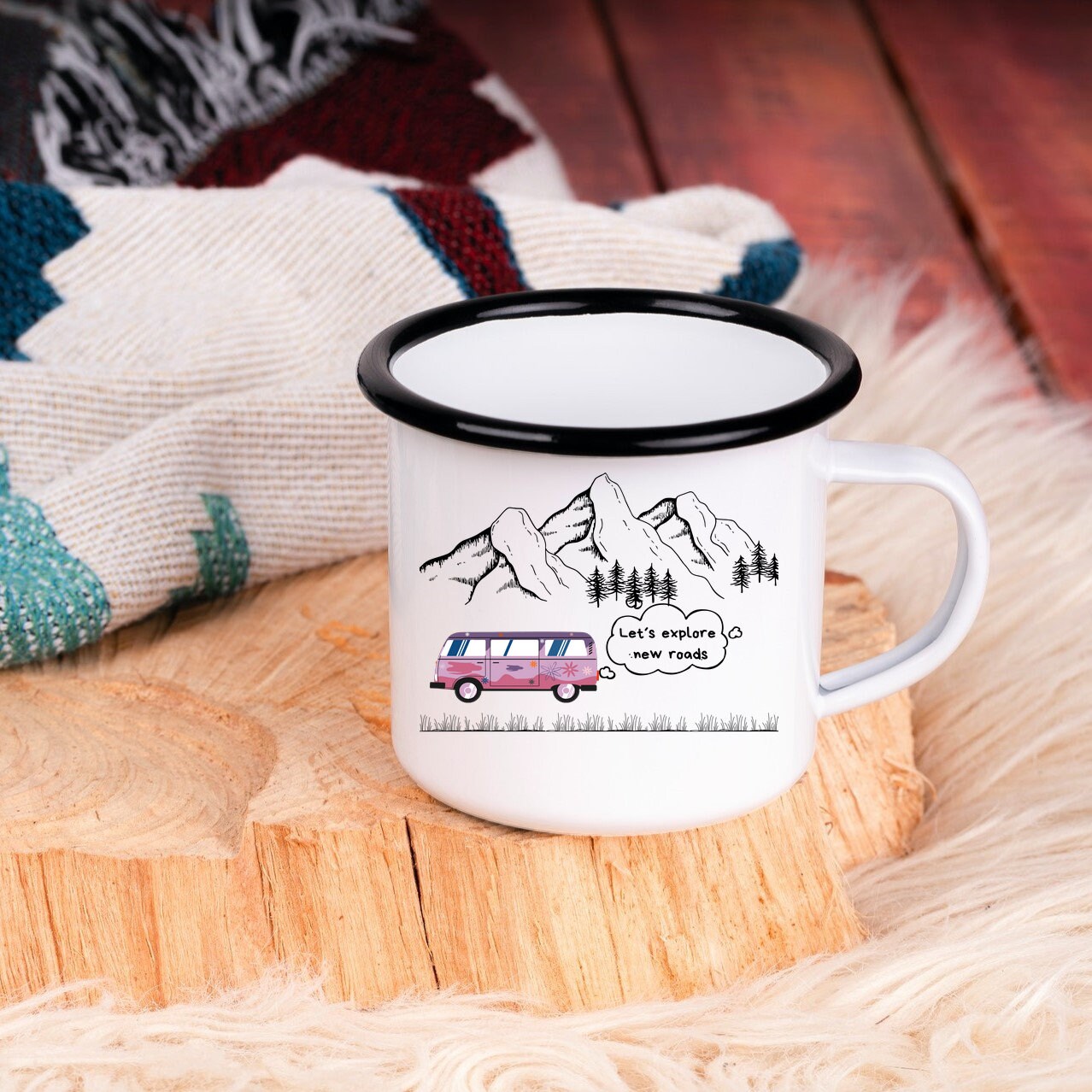 Emaille Tasse| Becher| Camping| Reisen| Lets explore new roads