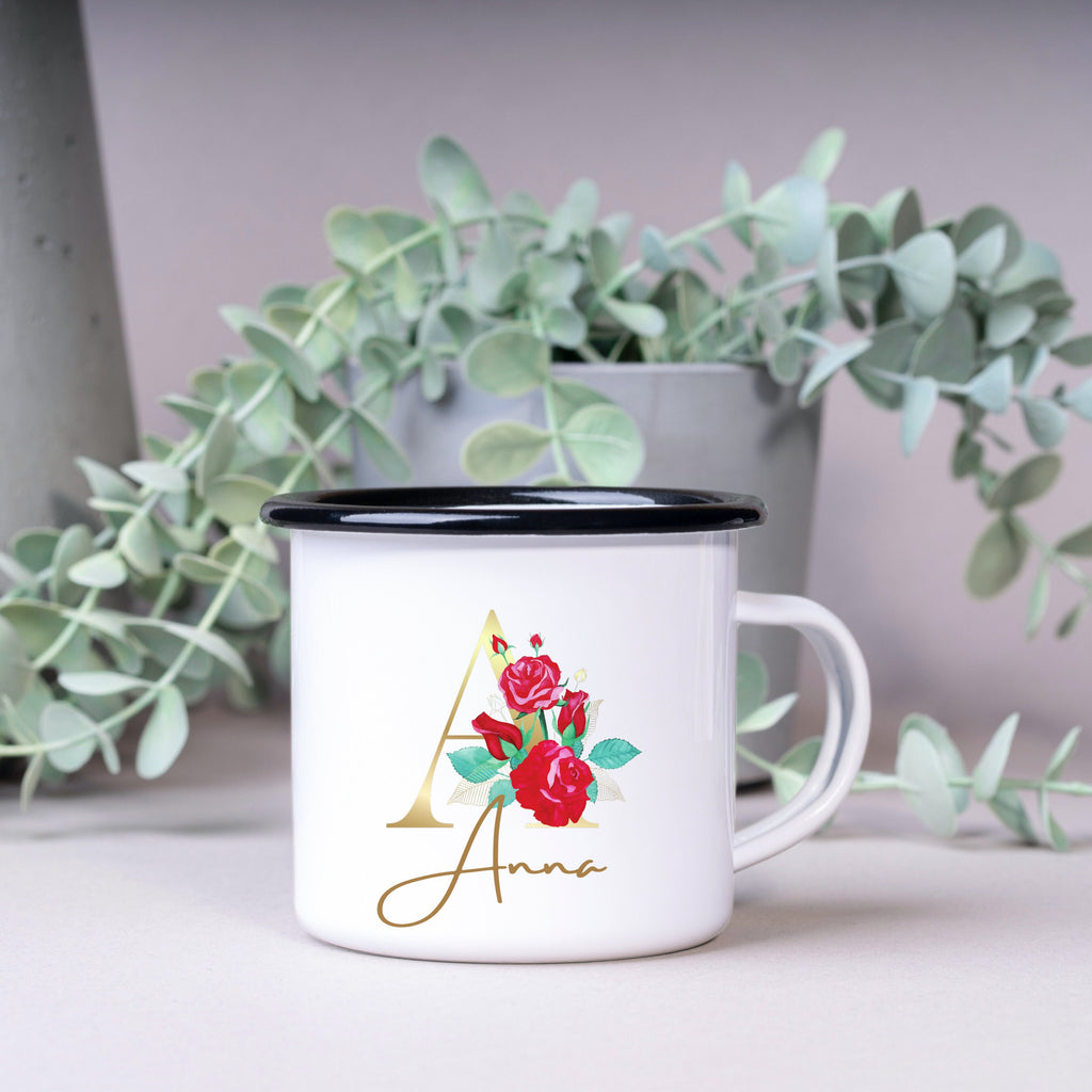 Emaille Tasse| Becher| Wunschname| Buchstabe Rosen