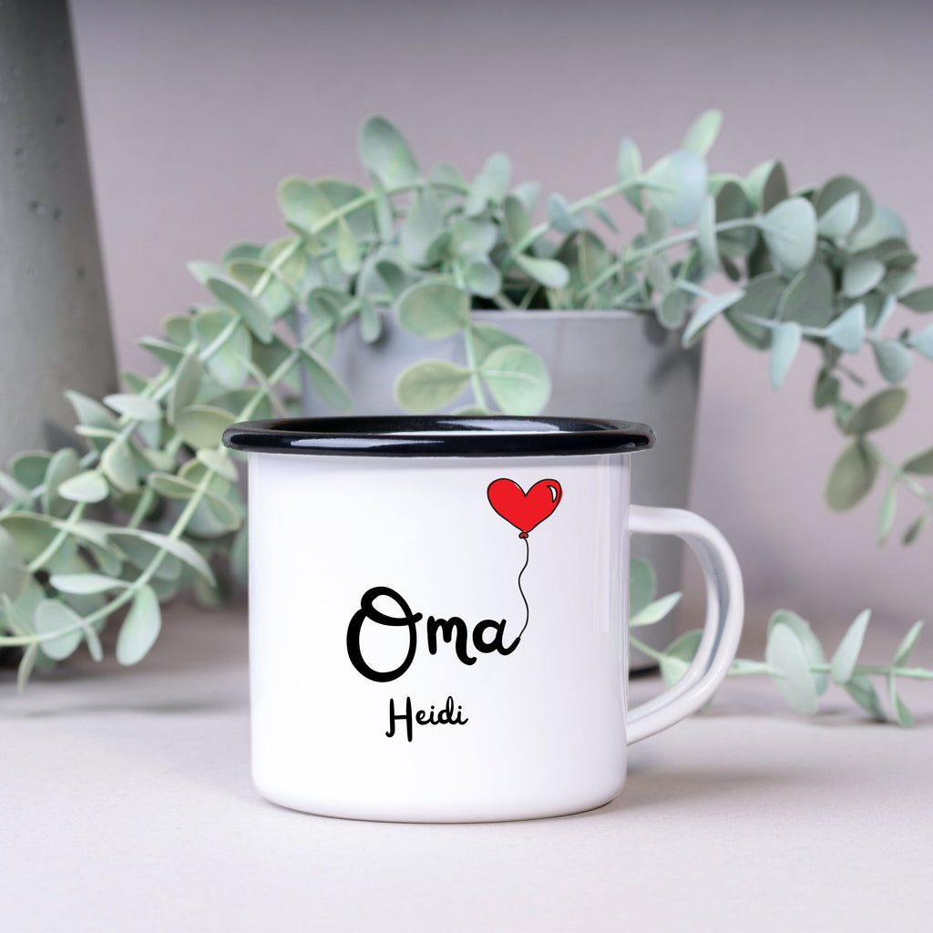Emaille Tasse| Becher| Geschenk für die Oma| mit Herz Motiv| personalisierbar mit Wunschnamen