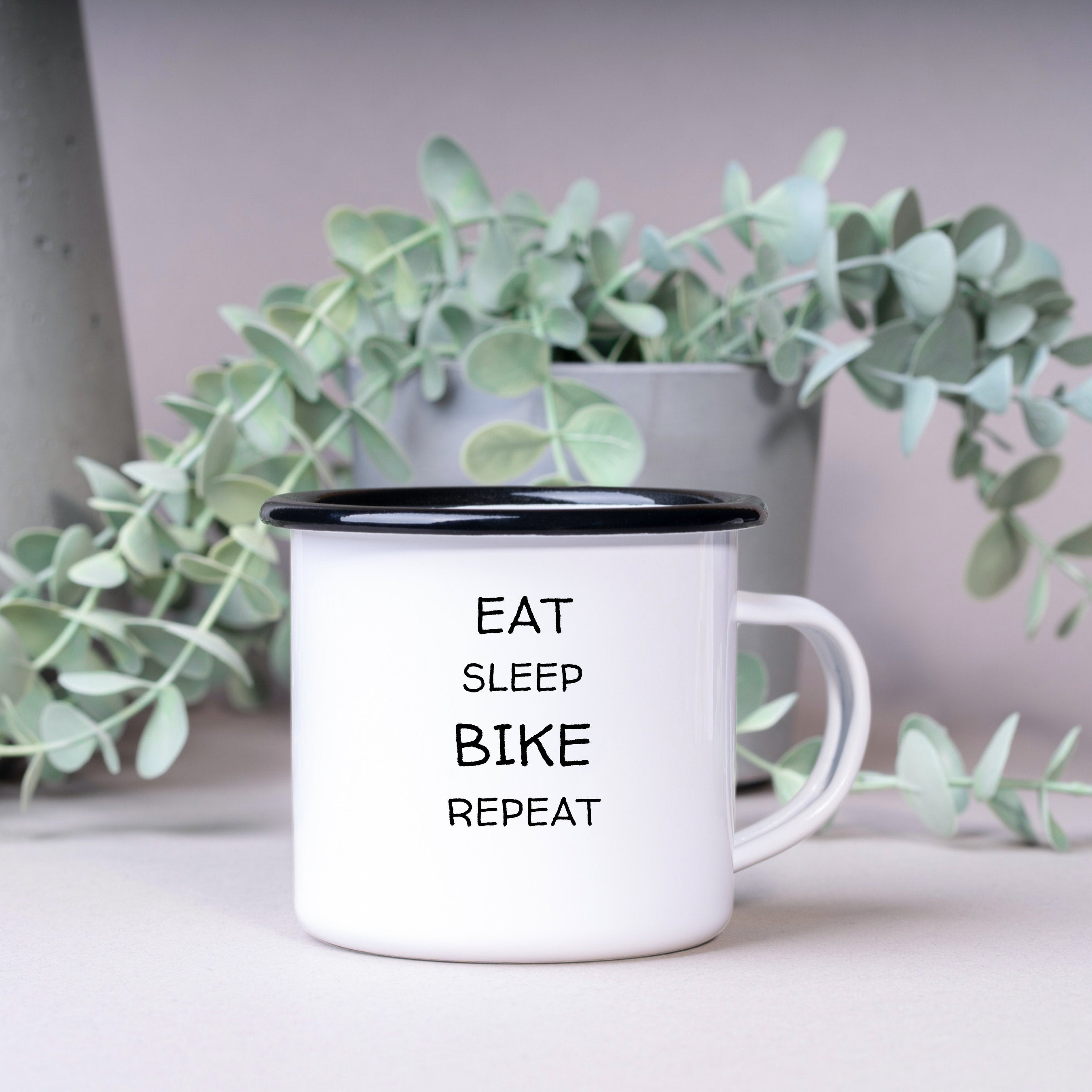 Emaille Tasse| Becher| Eat sleep bike repeat| Mountainbike mit personalisierbaren Wunschtext