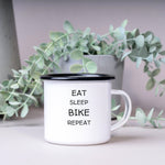 Lade das Bild in den Galerie-Viewer, Emaille Tasse| Becher| Eat sleep bike repeat| Mountainbike mit personalisierbaren Wunschtext
