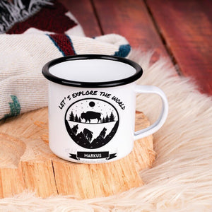 Emaille Tasse| Becher| Adventure| Camping| Lets explore the world| personalisiert mit Wunschnamen