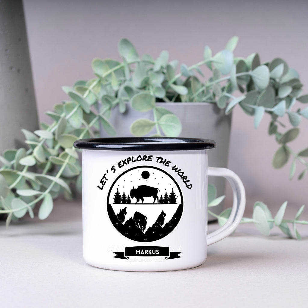 Emaille Tasse| Becher| Adventure| Camping| Lets explore the world| personalisiert mit Wunschnamen - GlamourDesign