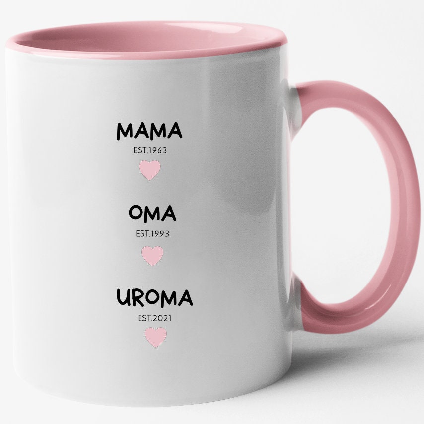 Tasse für werdende Uromas| Schwangerschaftsverkündung an die Oma| personalisierbar mit Jahreszahlen| Rosa