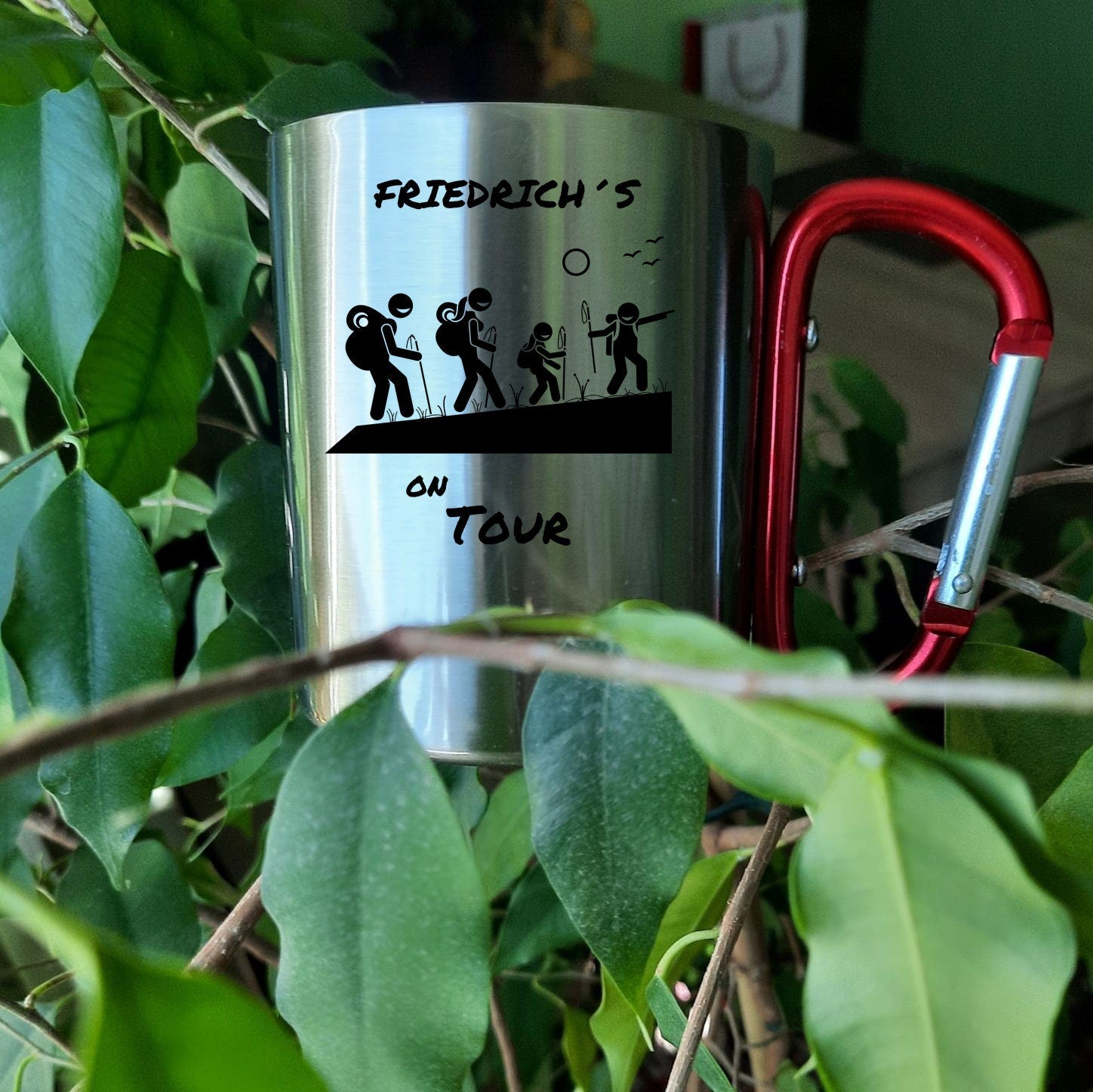 Personalisierbare Tasse aus Edelstahl mit Karabinergriff| Familie| Urlaub| Wandern| Ausflug