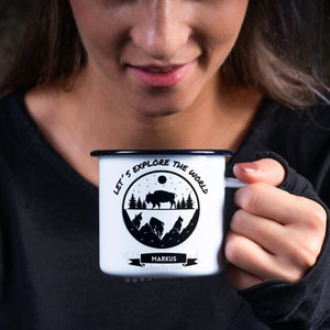 Emaille Tasse| Becher| Adventure| Camping| Lets explore the world| personalisiert mit Wunschnamen