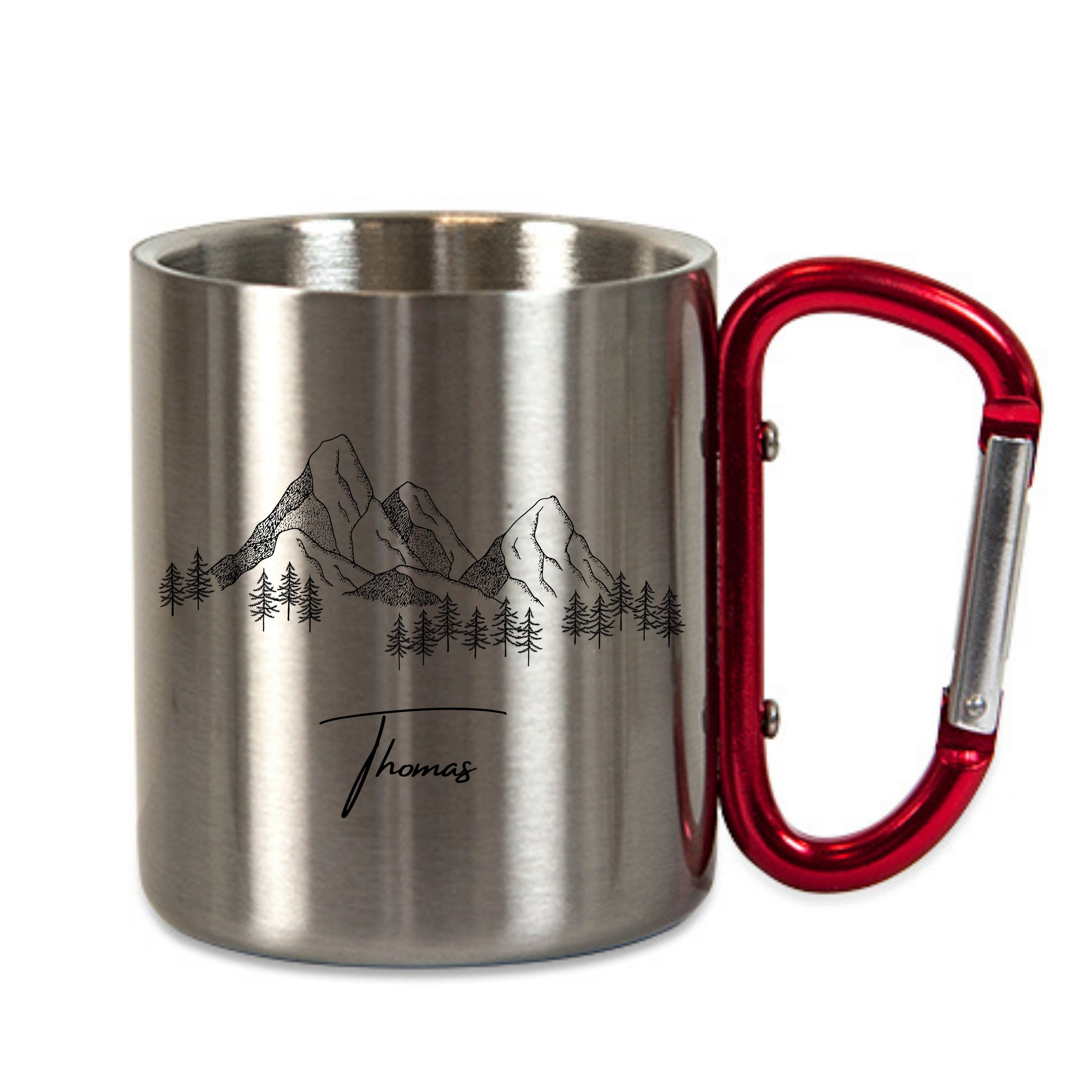 Personalisierbare Tasse aus Edelstahl mit Berg-Motiv| Geschenk| Wandern| Bergsteigen| Karabiner| Namensbecher - GlamourDesign