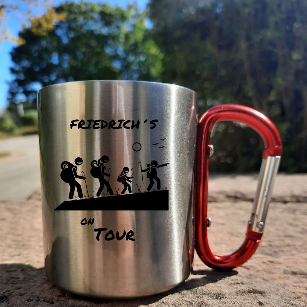 Personalisierbare Tasse aus Edelstahl mit Karabinergriff| Familie| Urlaub| Wandern| Ausflug