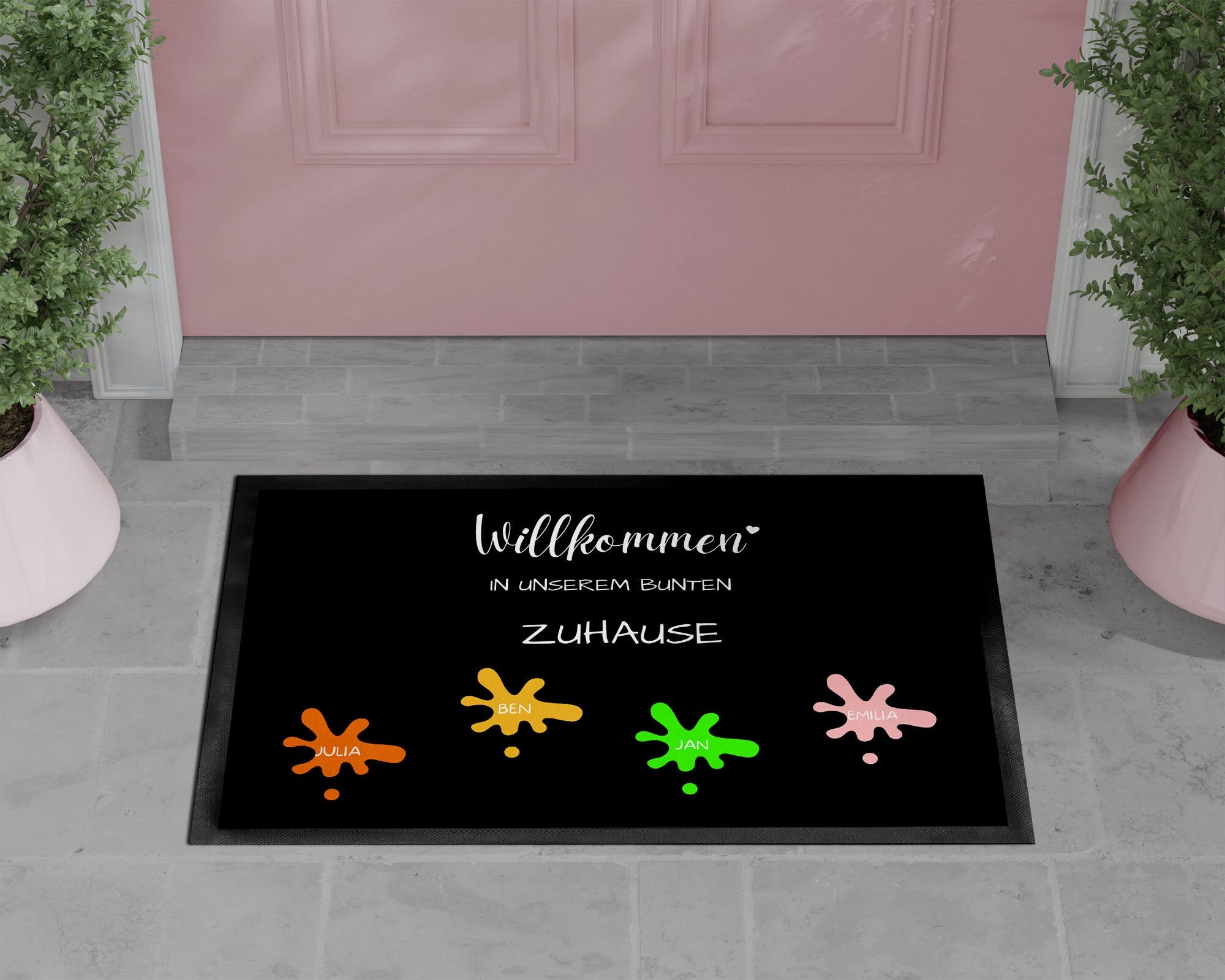 Fußmatte | bunt mit Farbklecksen| personalisierbar mit bis zu 7 Vornamen| Willkommen